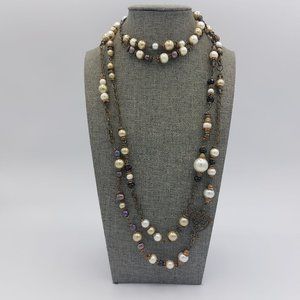 Vintage Maybe Antique Necklace Faux Pearl Box Clasp Heavy Chain Heart Filigree F